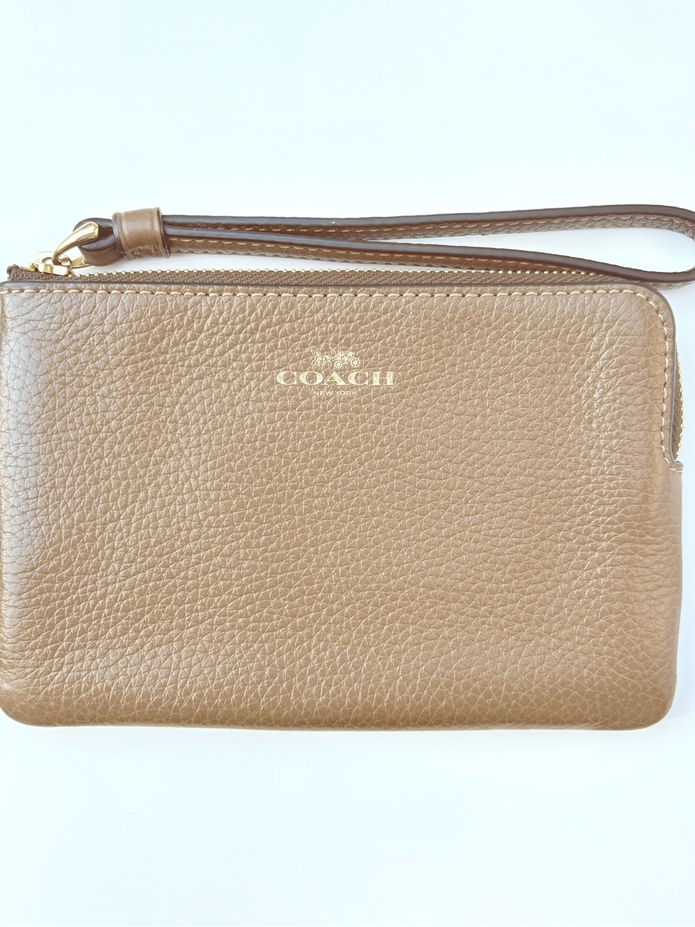 Coach Pebbled Leather Corner Zip Wristlet Brown Gold